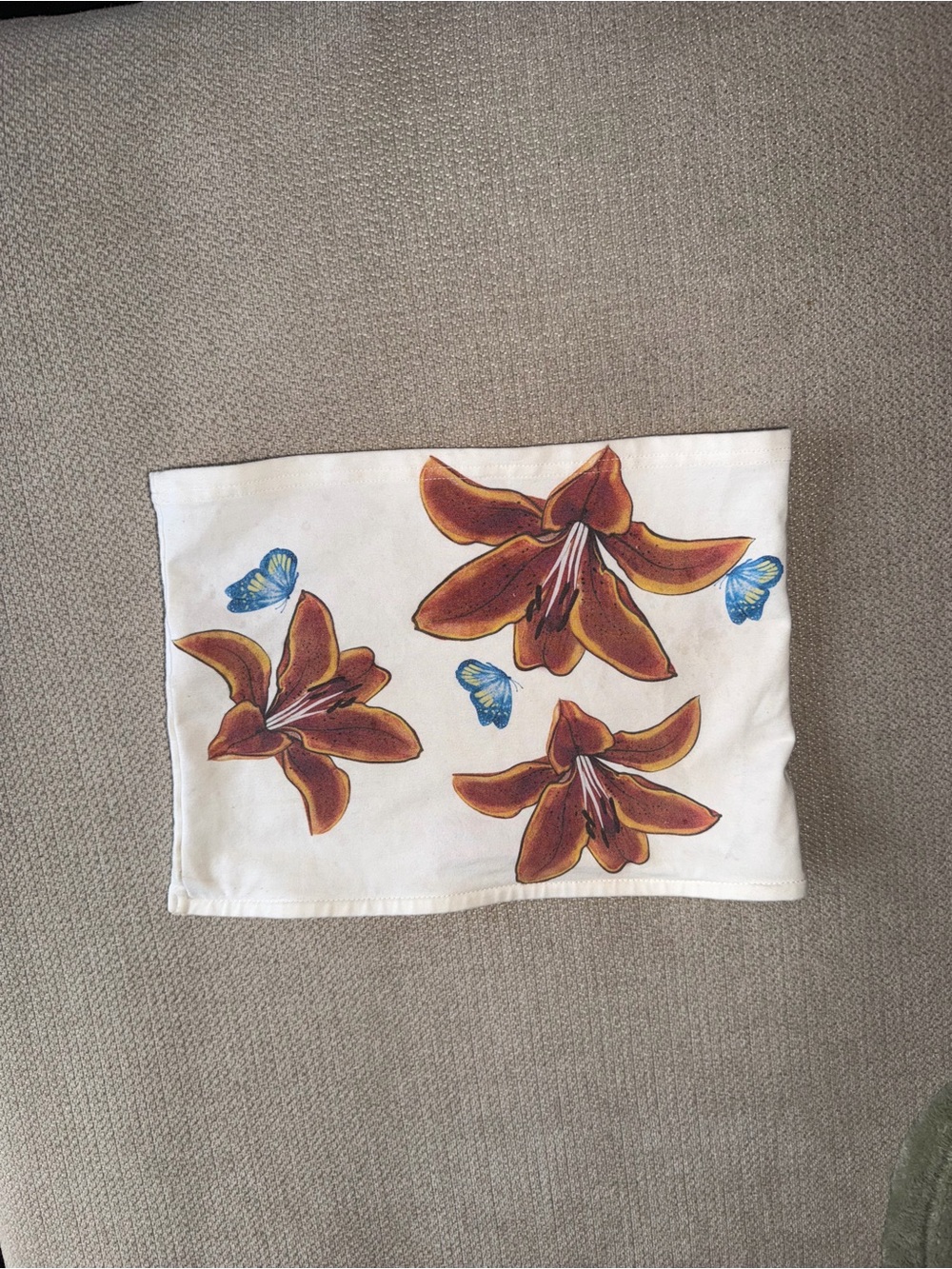 Edikted White Crop Top with Brown Floral & Blue Butterfly Print